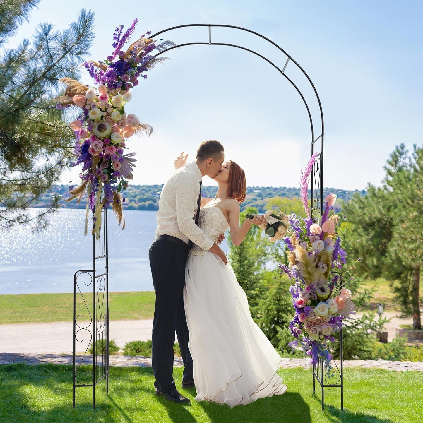 Happygrill Garden Arch Trellis, 7.9 FT Metal Pergola Arbor w/Elegant Pattern & Arc Top Design, Galvanized Metal Pipes, Outdoor Garden Arbor Archway for Parties, Weddings, Ceremony Decoration