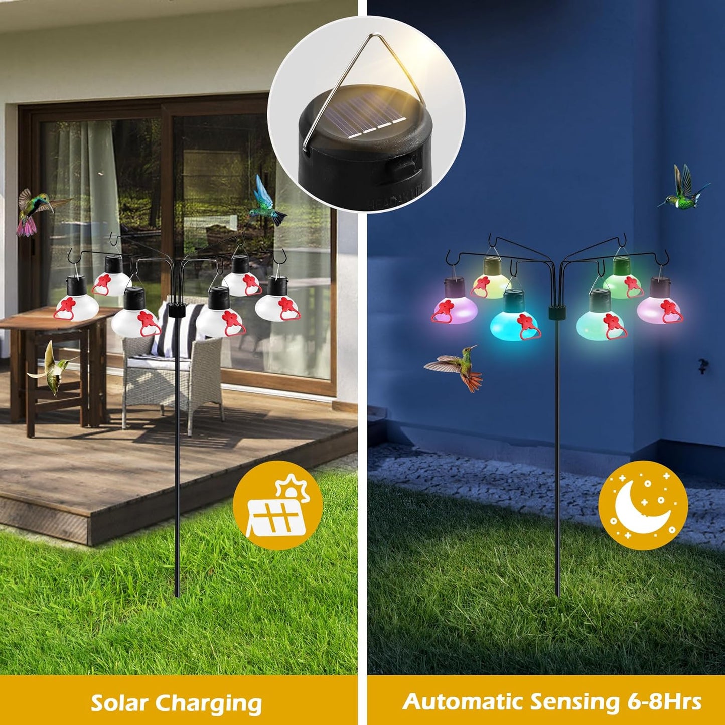 Solar Hummingbird Feeders for Outdoors Decorative Hummingbird Feeders Stand 6 Feeding Stations Never Leak Garden Decor Backyard,Gifts for Women Mom