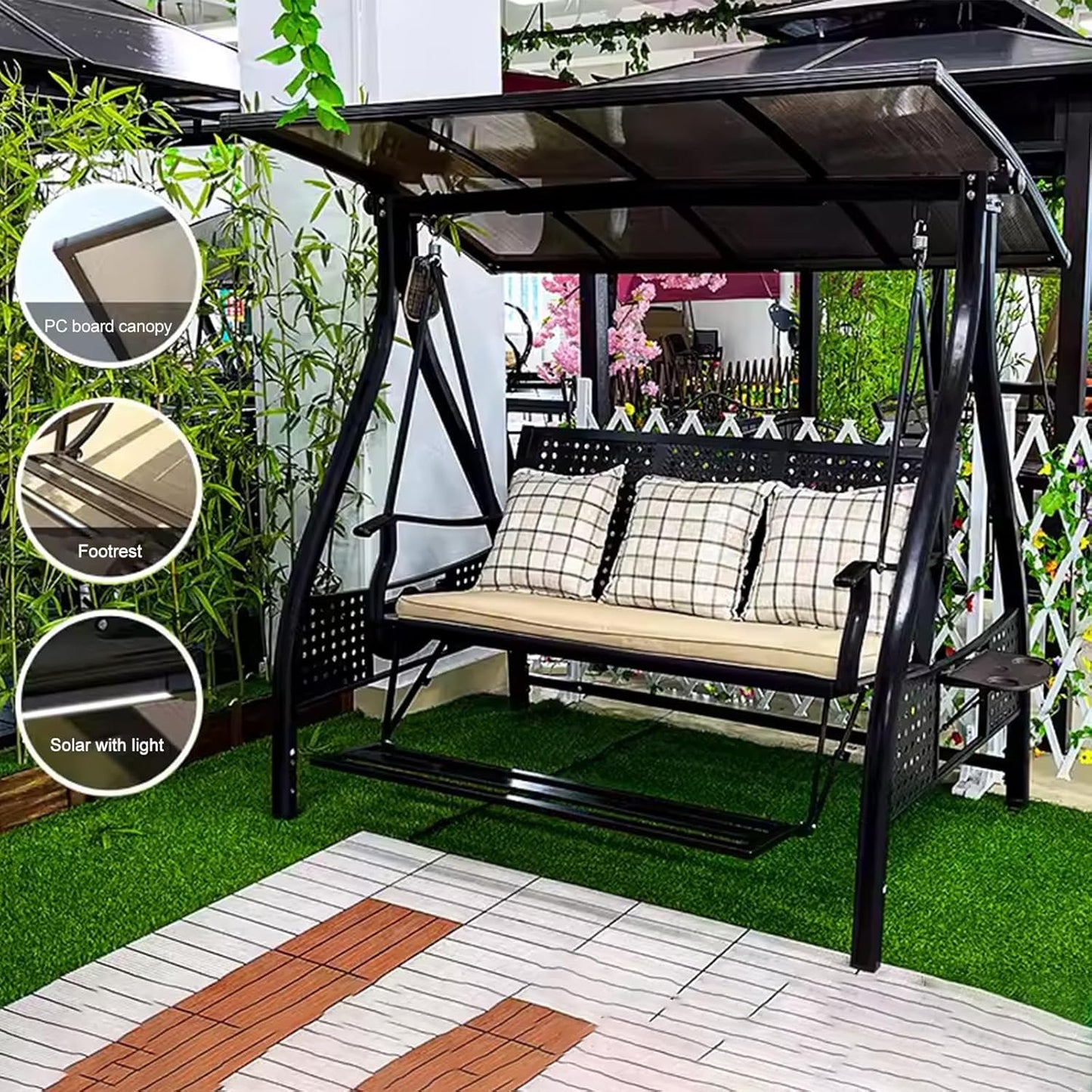 2/3-Seat Outdoor Patio Porch Swing with Adjustable Aluminum Alloy Canopy Solar Patio Swing Chair Bench with Footrest Side Cup Holder for Backyard Lawn (AEBS Black - 3 Seat)