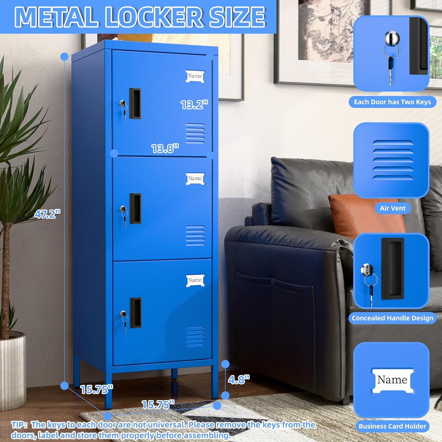 Metal Locker with Ventilation Holes, Metal Storage Cabinet with Lock and Card Slot for Home,School, Office, Garage,47.3" H x 15.8" W x 15.8" D,Assembly Required,Blue