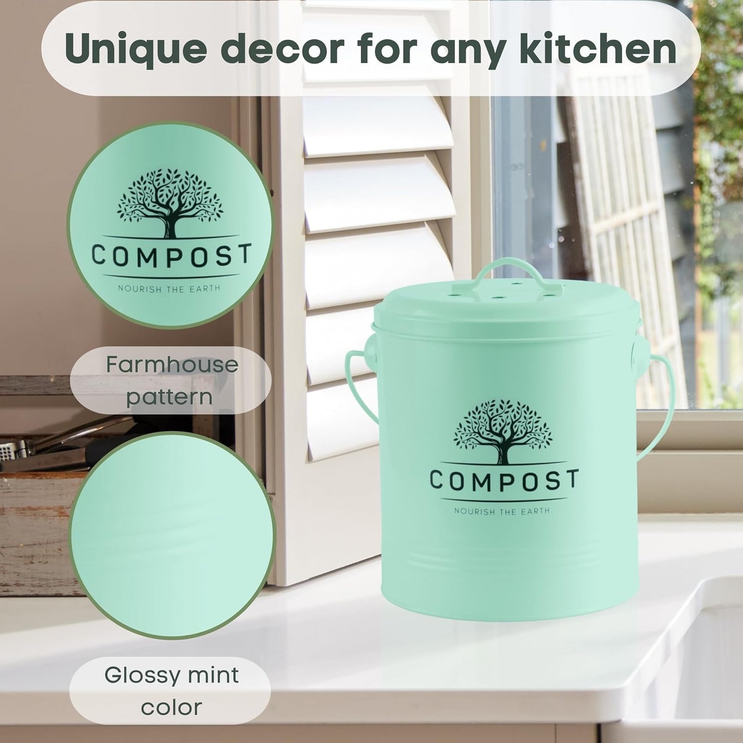 Perfnique Kitchen Compost Bin, 1.3 Gallon Countertop Compost Bin with Lid, Indoor Compost Bucket Includes Inner Bucket Liner and Carbon Filter, Small Compost Bin with Trash Bags (with Bags, Mint)