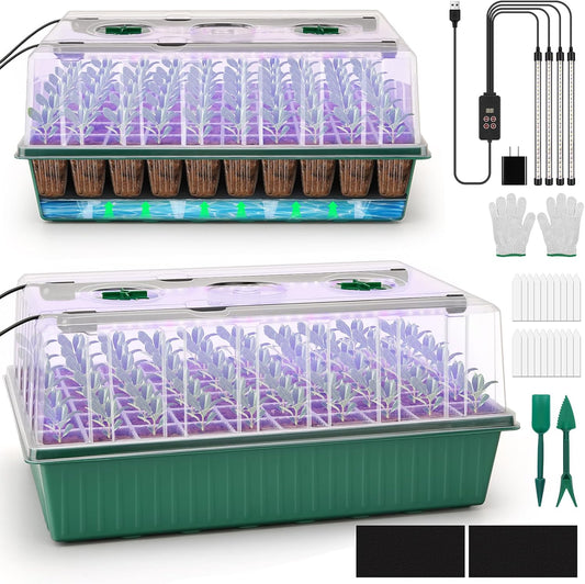 BlumWay Self-Watering Seed Starter Tray Kit with Grow Light and Humidity Dome, 3 Color Growing Light,120-Cell Plant Seedling Tray,Reusable Germination Trays,Adjustable/Timed Light Plant Starter Set