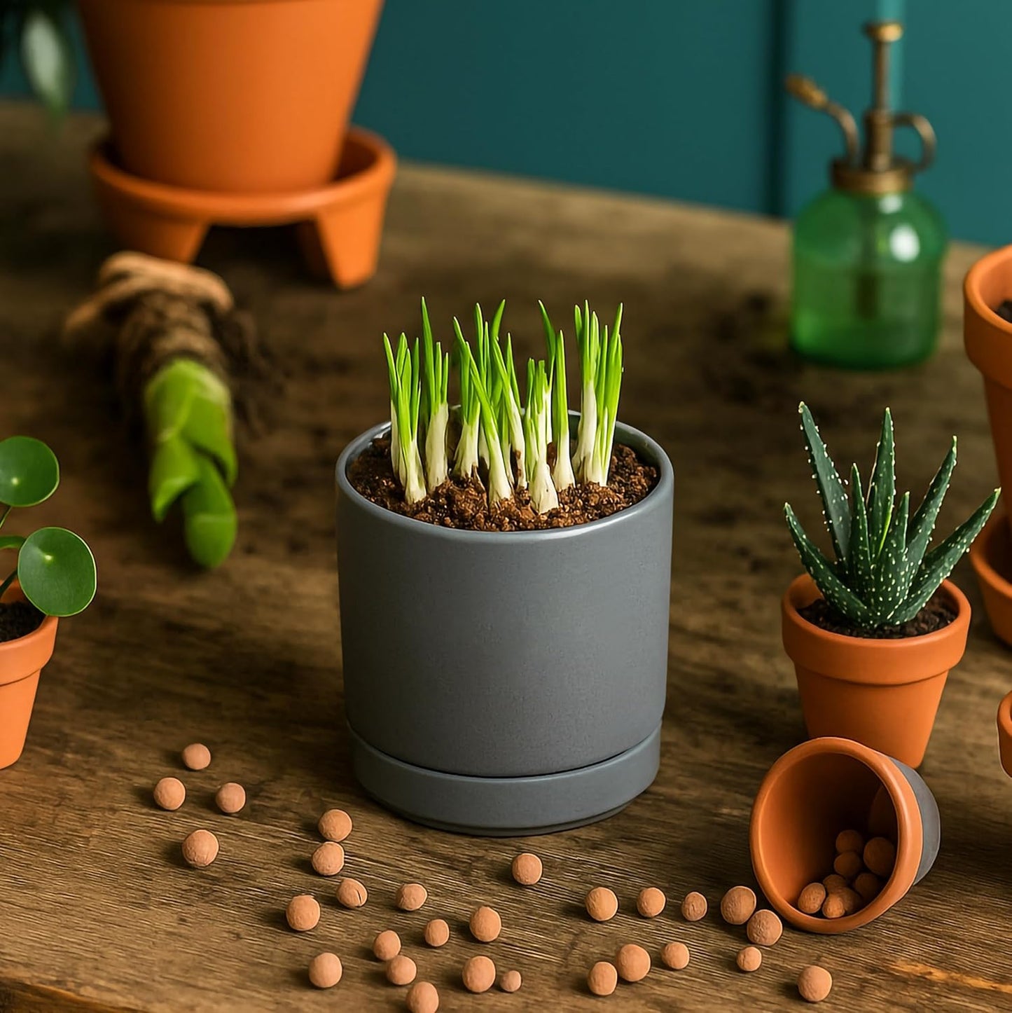 D'vine Dev 3.5 Inch Ceramic Planter Pot with Drainage Hole and Saucer, Indoor Cylinder Round Planter Pot, Speckled Grey, 94-O-A-3