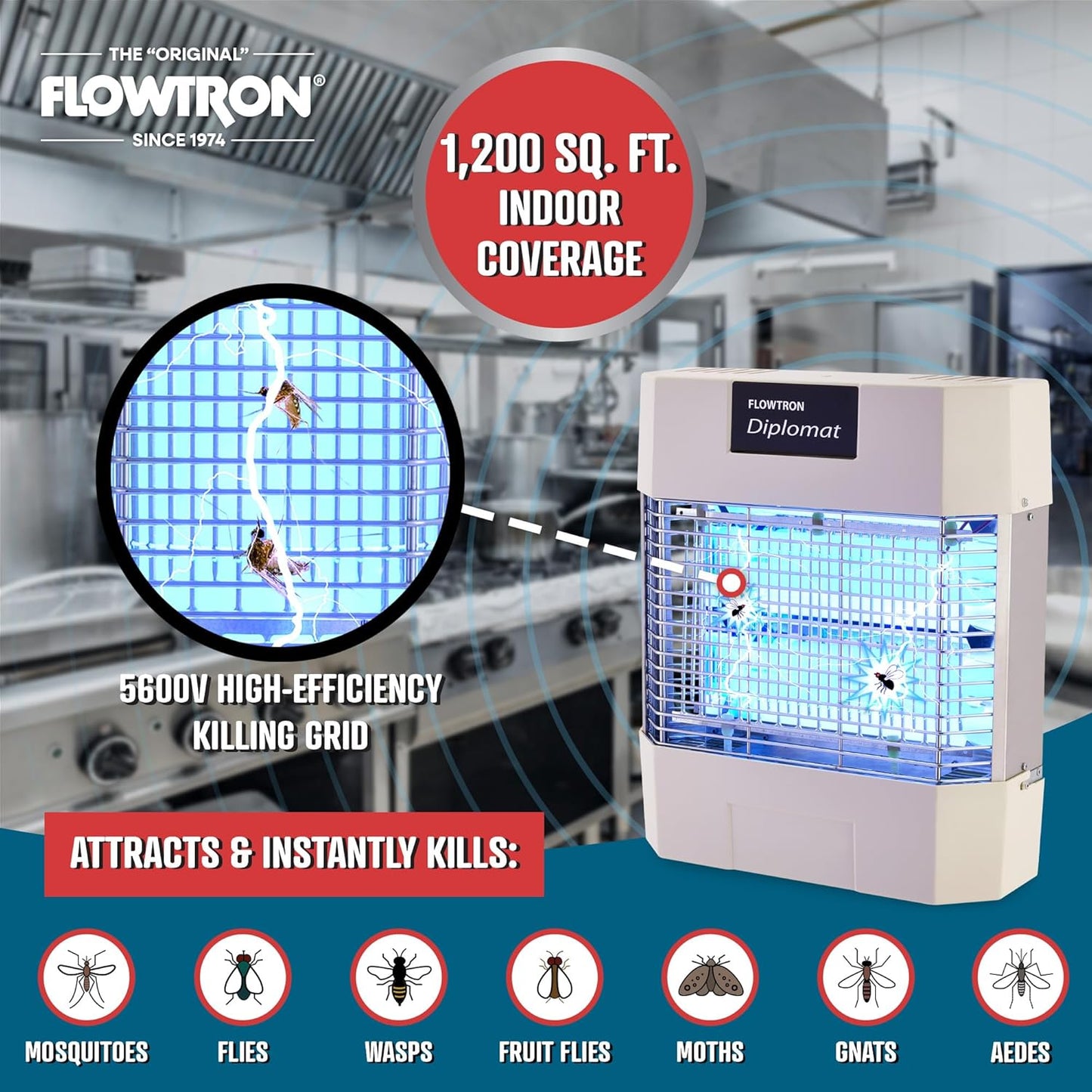 Flowtron Indoor Bug Zapper | Electric Fly & Insect Killer with 80W UV Light, Pheromone Lure Attractant, Shock Kill Grid & Reflector Panels | 1200 Sq Ft for Kitchen, Restaurant & Barn, UL Certified