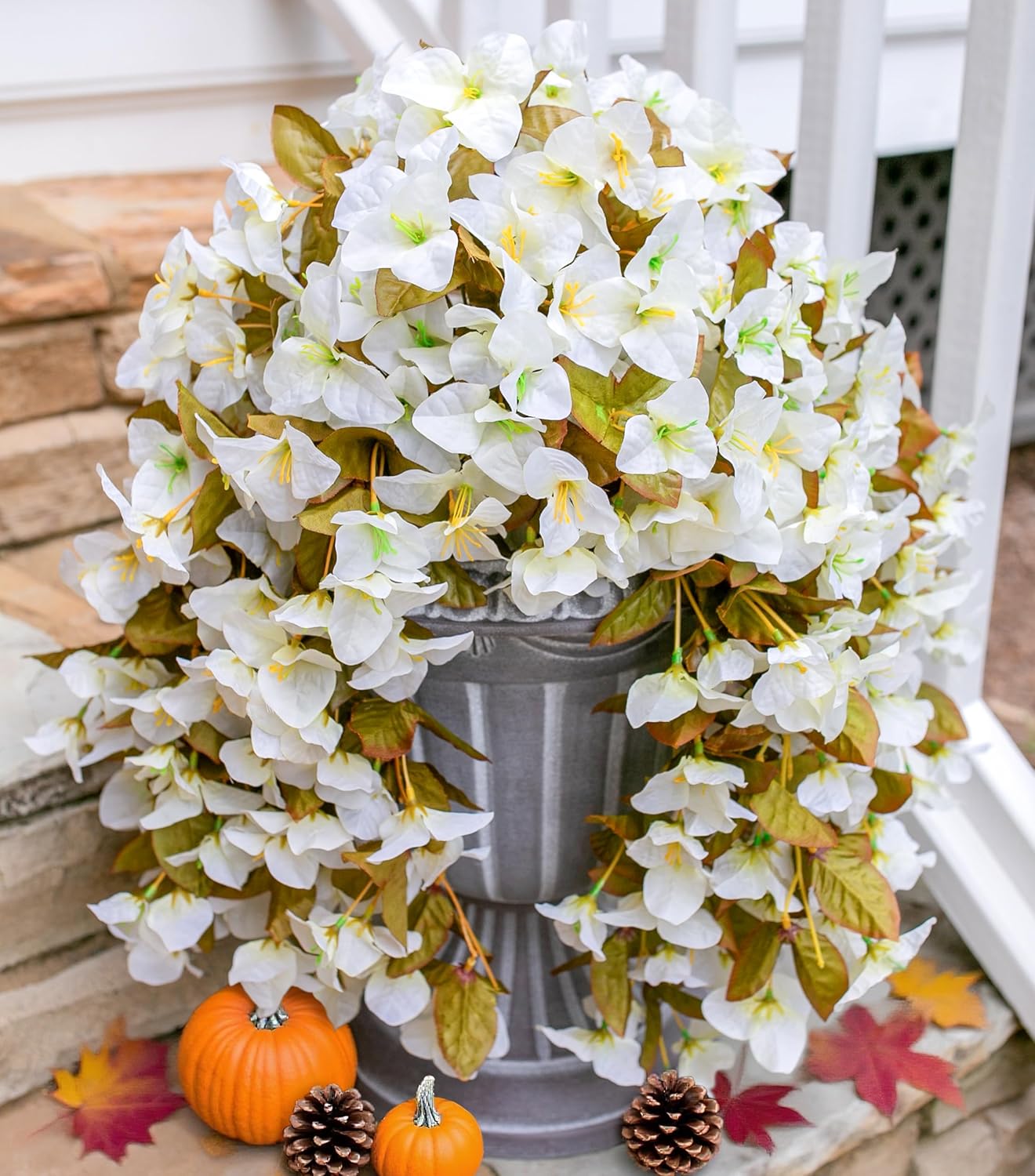 Bougainvillea Artificial Fall Hanging Flowers Plants for Outdoors Autumn Decoration, 2pcs Faux Bougainvillea Vines White Fake Flowers Realistic UV Resistant Silk Flowers for Outside Planter Yard Home