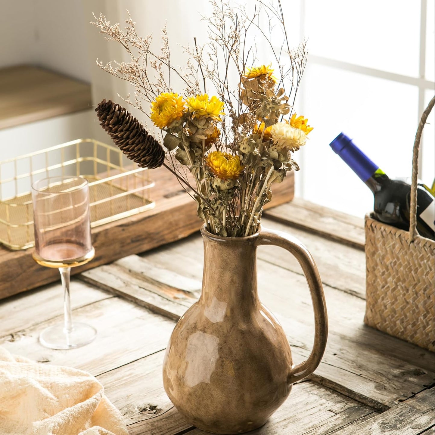 Brown Ceramic Vase with Big Handles, Modern Farmhouse Decor, Rustic Pottery for Flowers, Decorative Terracotta Centerpiece for Dining Table