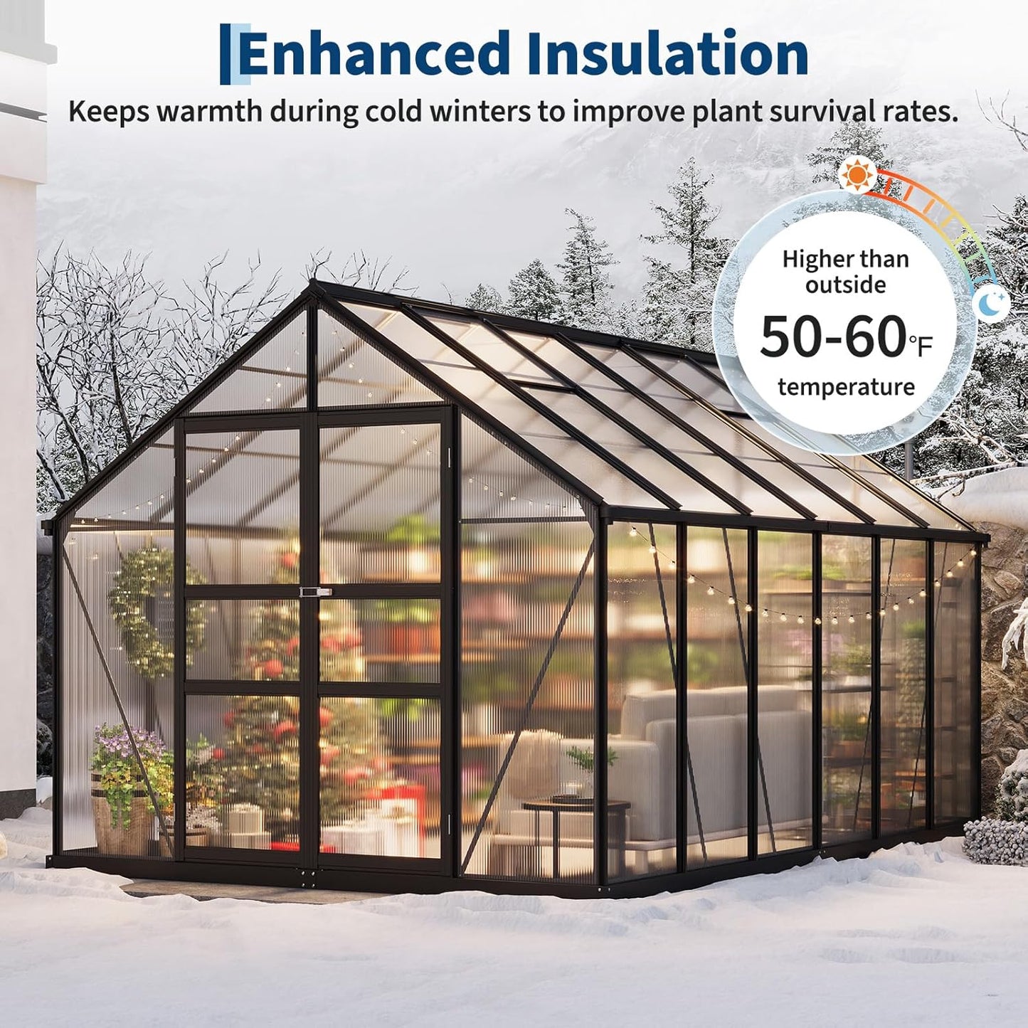 8x12 FT Polycarbonate Greenhouse,Large Walk-in SturdyOutdoor Aluminum Frame Greenhouse with Roof Vent, Lockable Push Door,for Garden, Backyard, Patio & Lawn(Black)