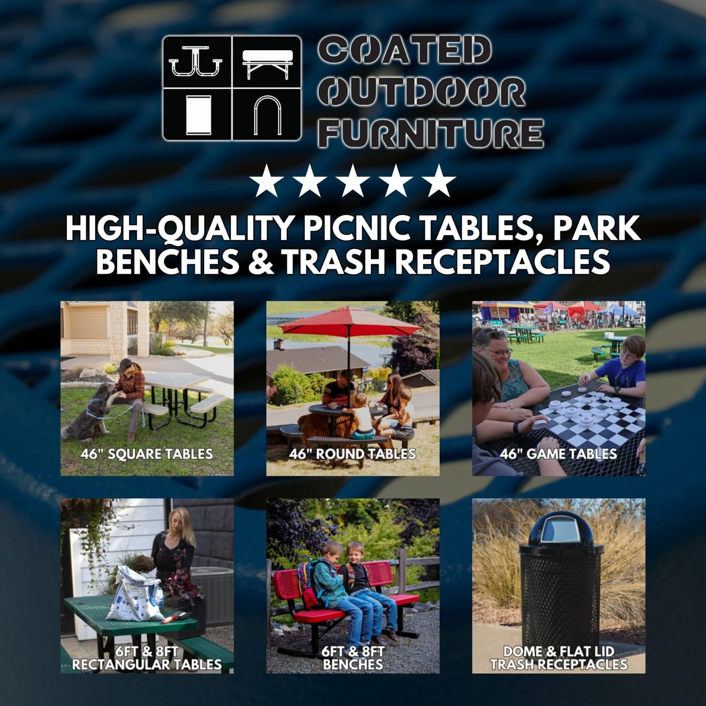 Heavy-Duty Outdoor Bench Thermoplastic Coated, Punched Steel, Commercial-Grade Garden Bench, Made in America (Portable with Back, 6 Ft, Textured Dark Blue)