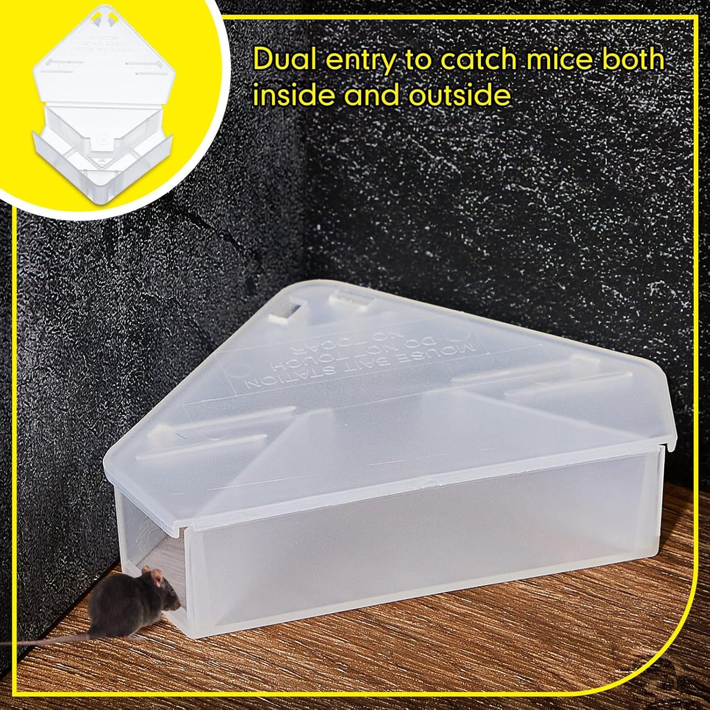 Qualirey 4 Pcs Mice Station with Key Triangle Bait Station Reusable Rodent Trap Bait Box, Keeps Children and Pets Safe Indoor & Outdoor, Bait Not Included, Suitable for Small Mice (Translucent)