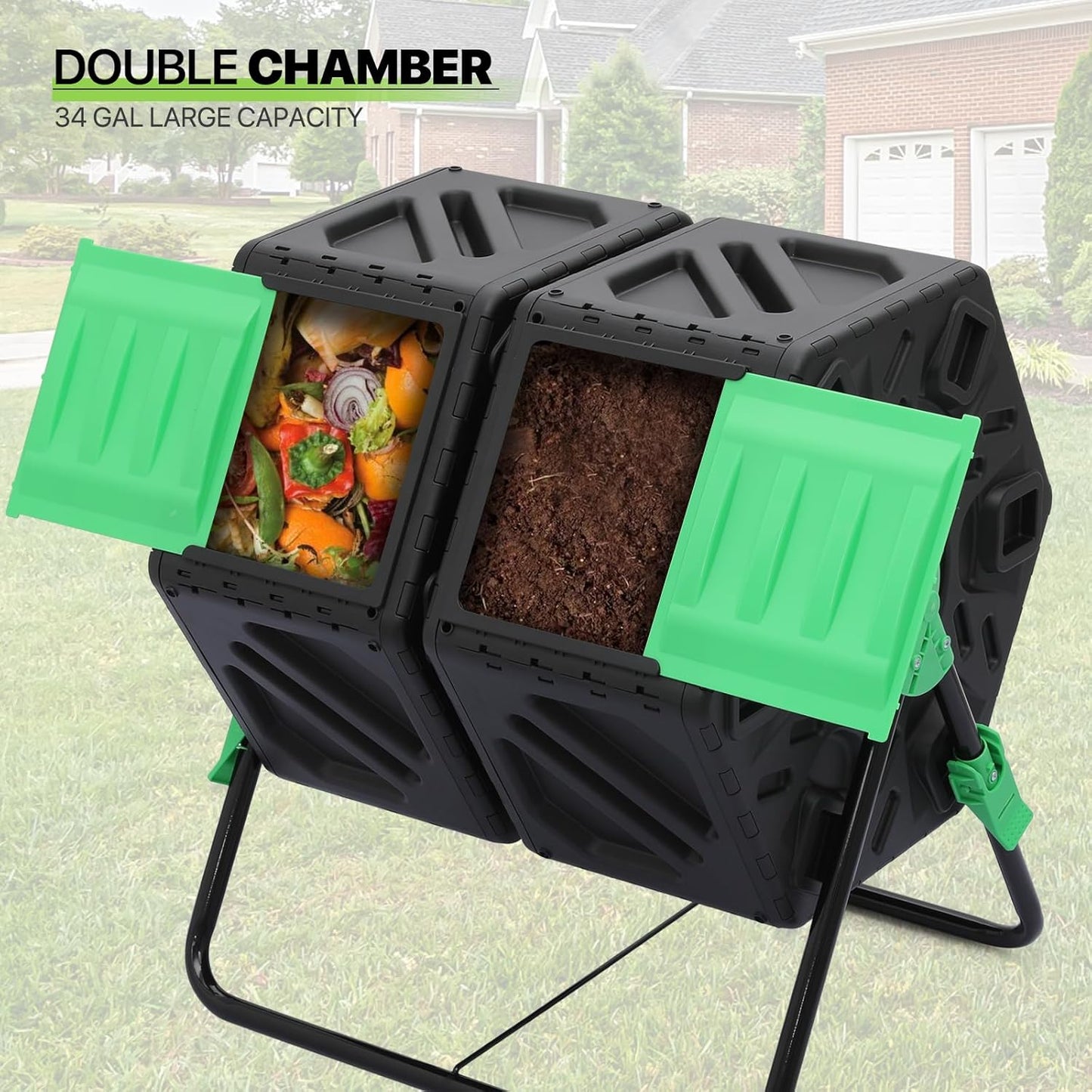 Magshion 34 Gal Dual Chamber Compost Tumbler from BPA Free Material, Outdoor All-Season Fast-Working High Volume Composter Tumbling Bin, Sliding Doors