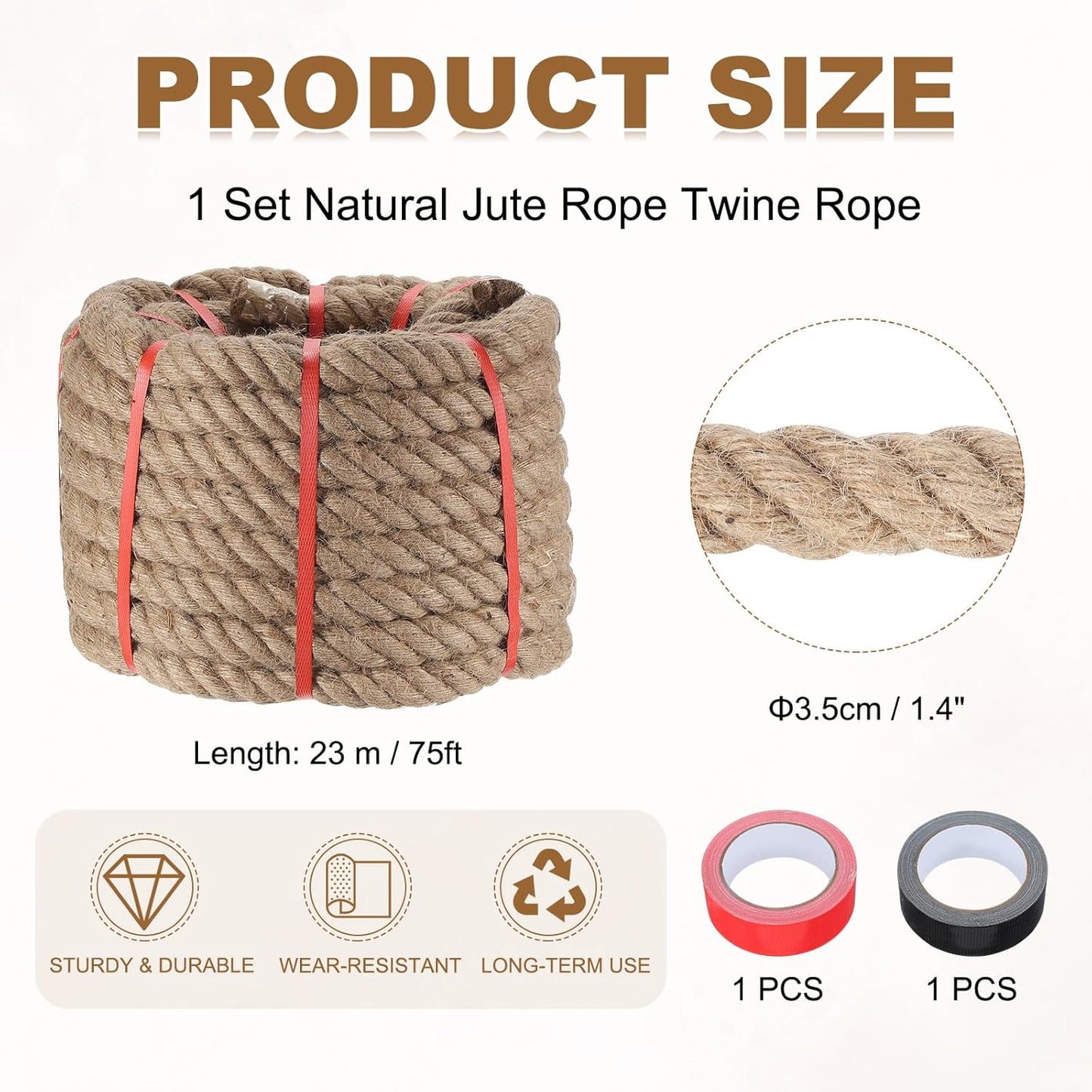 MECCANIXITY Jute Rope 1.4 Inch x 75ft, Thick Twine Rope Ropes Braided Jute Twine Natural Brown Burlap Cord String Heavy Twisted with Tapes for Decorative Crafts Railing Swing Tug of War