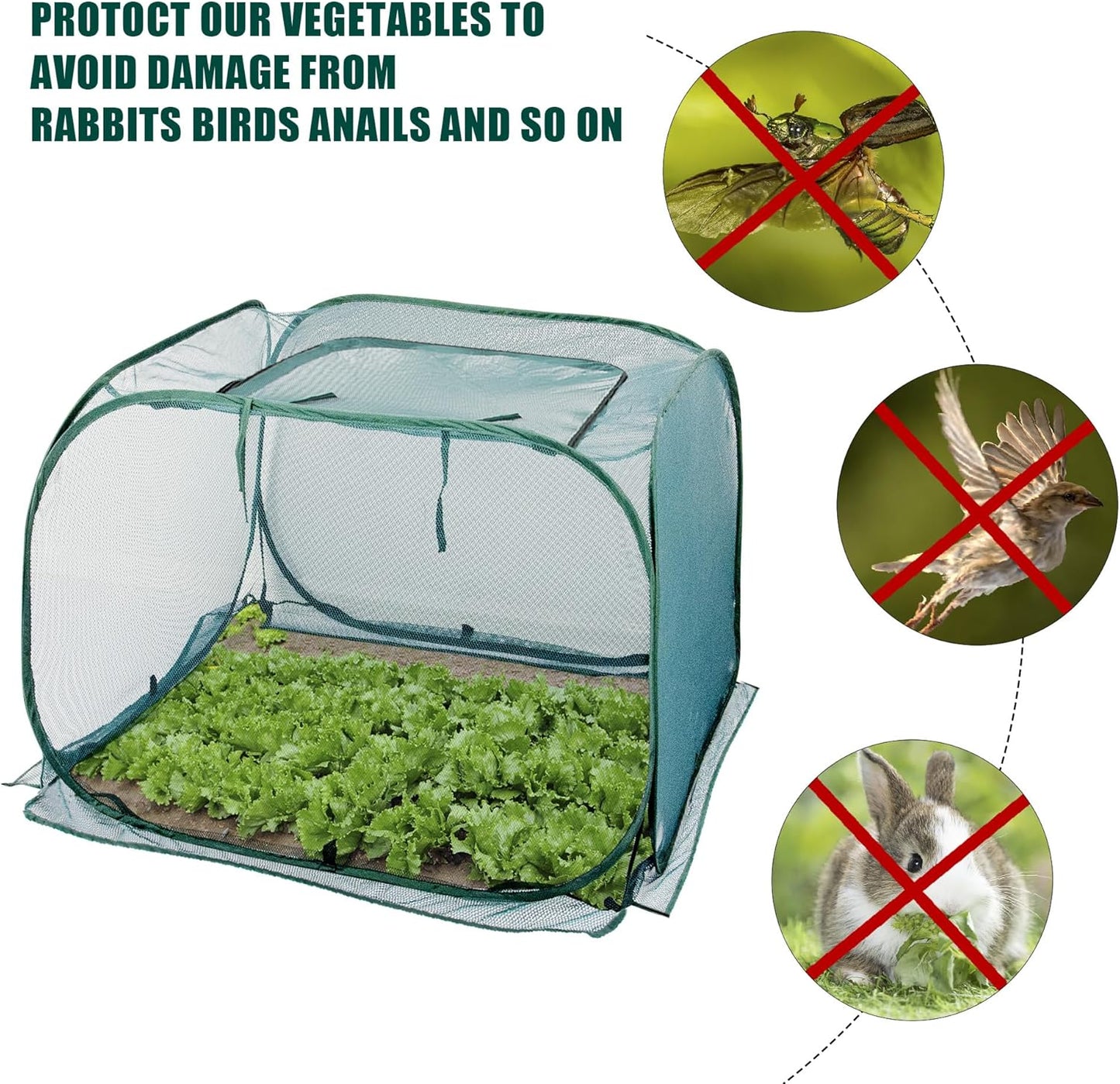 2 Pack Pop Up Mesh Plant Cover, Plant Protector for Raised Garden & Flower Bed, Net Cage Plant Guard for Fruits, Vegetables, Seedlings and Herbs, 8 Ground Stakes for Fixing.