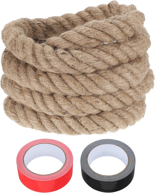 MECCANIXITY Jute Rope 1.4 Inch x 10ft, Thick Twine Rope Ropes Braided Jute Twine Natural Brown Burlap Cord String Heavy Twisted with Tapes for Decorative Crafts Railing Swing Tug of War