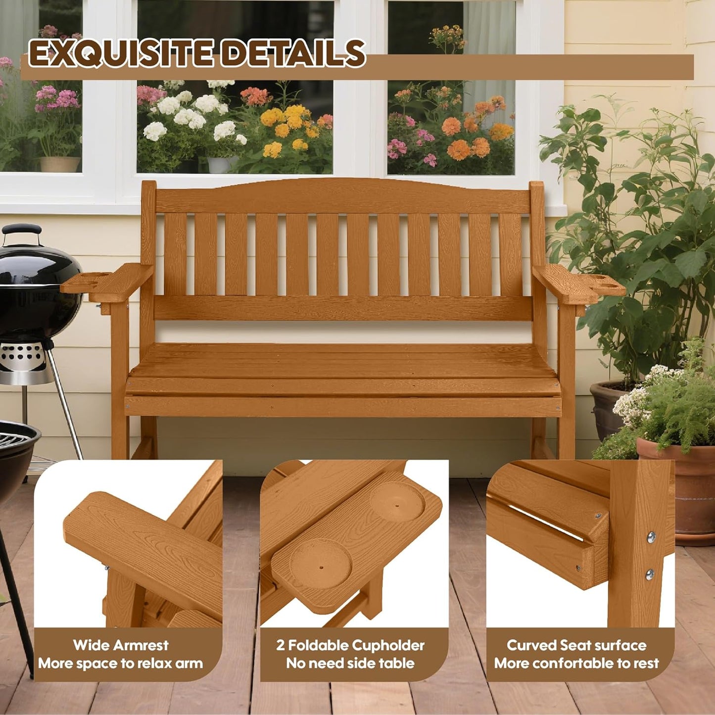 2-Person HIPS Outdoor Benches, Weatherproof Garden Bench with 800 lbs Weight Capacity, Artificial Wood Grains, Never Rot or Fade, Patio Benches for Garden, Porch, Balcony, Backyard,Park, Brown
