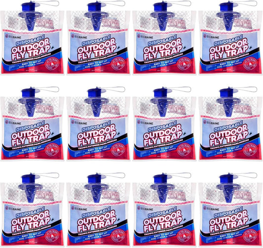 Fly Traps Outdoor Fly Trap for Patio. 12 Non-Toxic Pre-Baited Flies Bags Outdoor Disposable. Hanging Bug Catchers for All Filth Flies Killer for Outside Bug Control in Yard Horse Ranch Trash Can