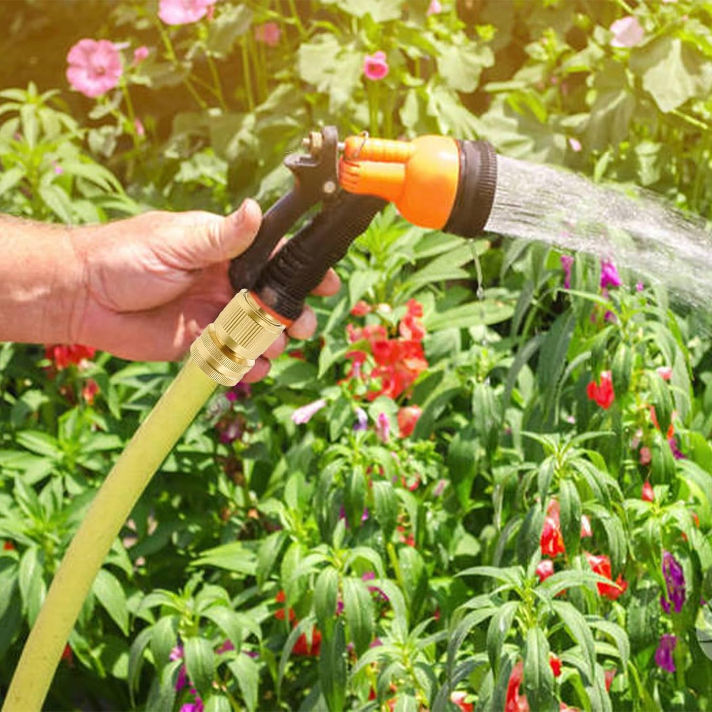 Hourleey Garden Hose Quick Connector, Solid Brass 3/4 Inch GHT Thread Garden Quick Connect Kit, Male and Female No-Leak Water Hose Fittings (4 Set)