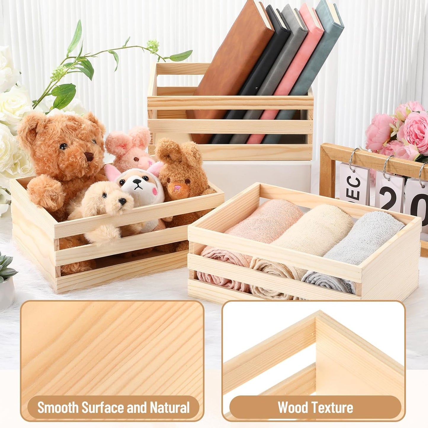 6 Pcs 12.5'' Large Wooden Crates for Crafts Unfinished Wood Crate Box for Display DIY Decorative Storage Basket Container Bulk for Decor, Kitchen Home, Pantry, Bedroom, Milk, Book, Arts