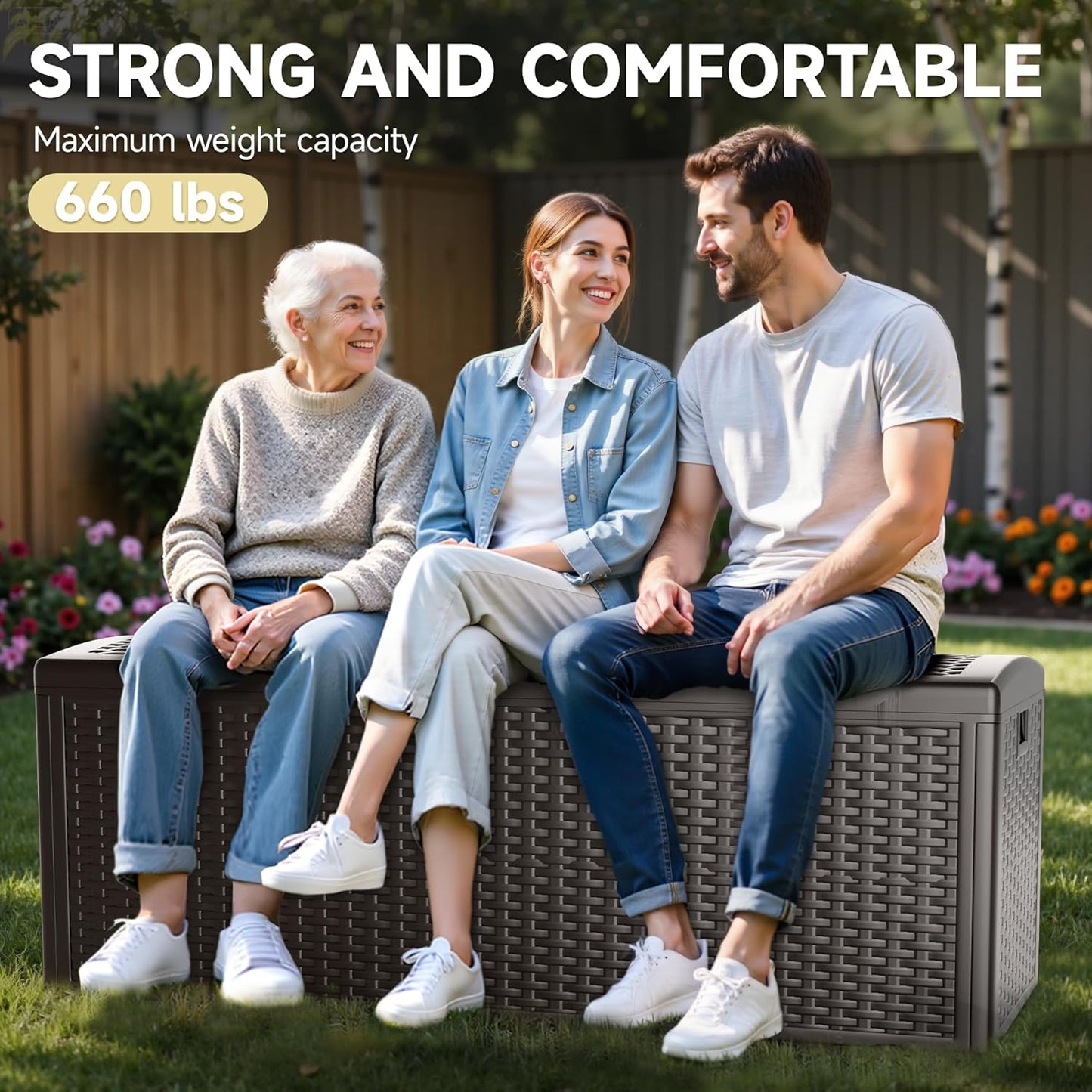 150 Gallon Deck Box, Double Layer Waterproof Resin Outdoor Indoor Storage Box, Lockable & UV Resistant Storage Bin for Patio Furniture, Garden Tools, Pool Accessories (Brown)