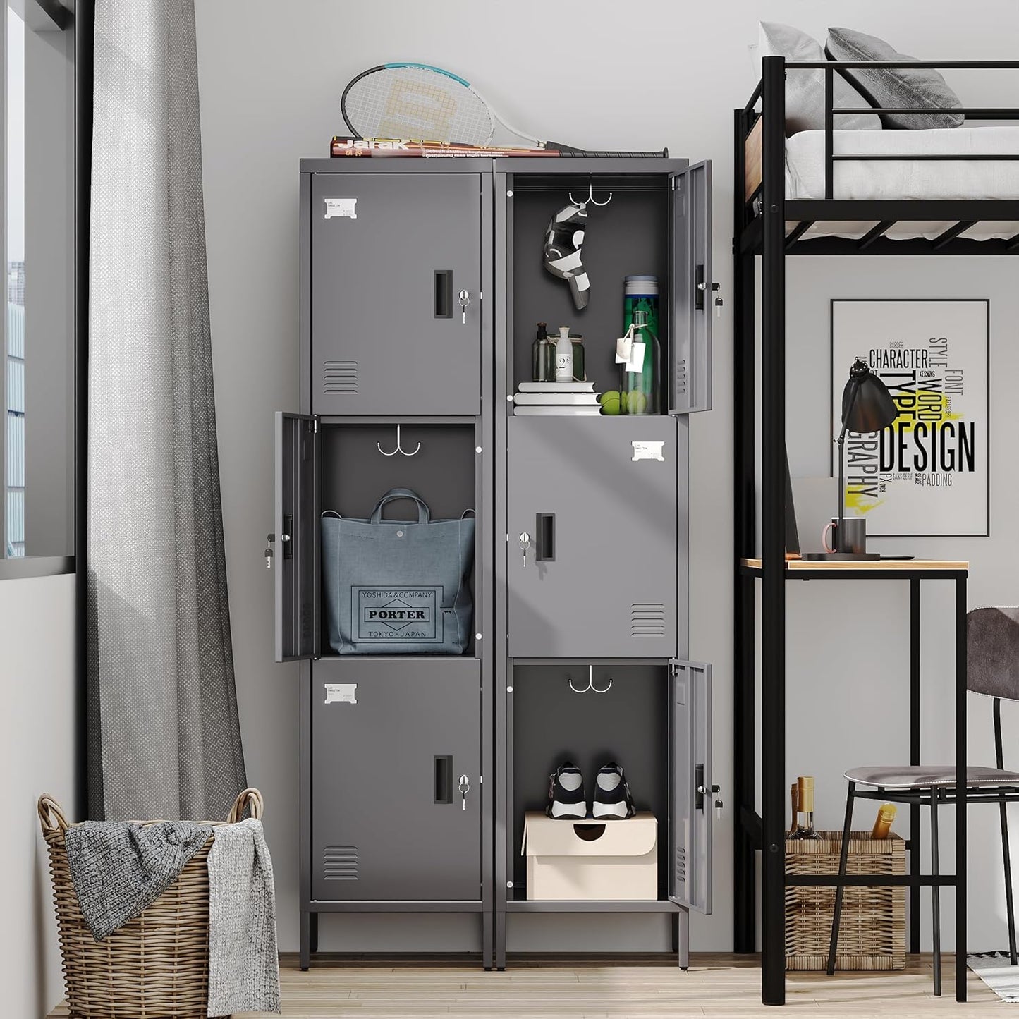 66" H*15.75" D*15.75" W Steel Storage Cabinet,3 Doors Metal Storage Locker for Employees,Employee Lockers with Lock,Hooks and Card Slot for School Gym Home Office, Assembly Required,Dark Grey,240 LBS