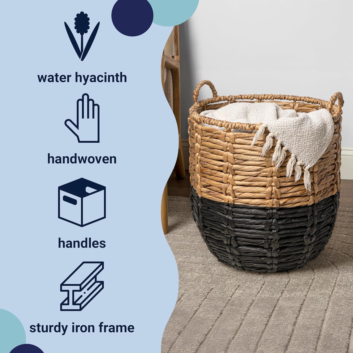 happimess BSK1003D Laurel 19.49" Bohemian Handwoven Abaca Hamper Basket with Handles, Seagrass Container for Decoration in Bedroom, Living Room, Laundry Room, Entryway, Natural, Natural/Black