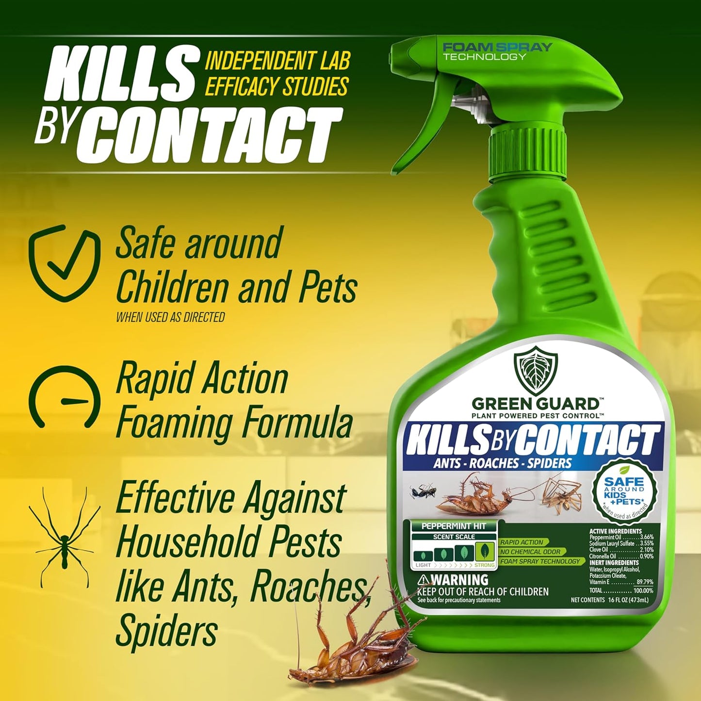 Green Guard Pest Control Spray - Indoor & Outdoor Killer of Ants, Roaches, Spiders & Other Crawling Insects, Safe Around Children & Pets, Plant-Based, Pleasant Scent (Peppermint Hit, 16oz)