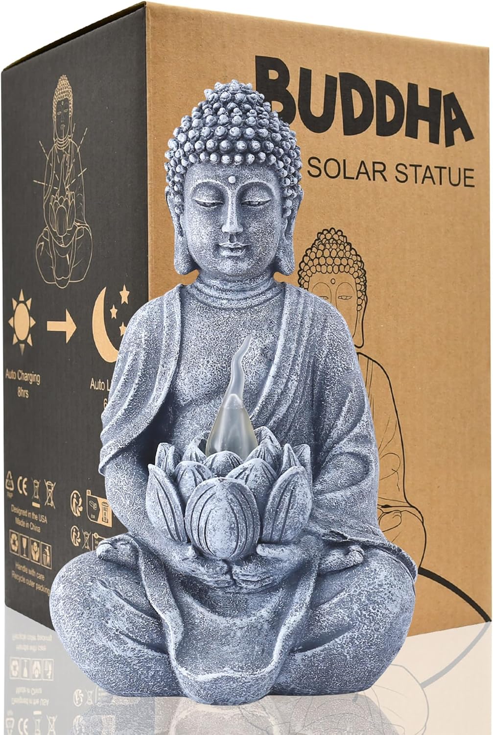 Goodeco Buddha Statue with Solar Lotus - Meditating Yoga Statues with Solar LED Lights, 8.1 Inches Sitting Buddha Serene Resin Figurine for Patio Yard Lawn Ornaments, Home & Outside (Grey Buddha)
