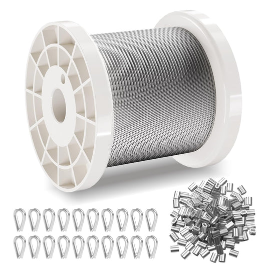 VEVOR 1/16 Wire Rope, 330 FT 304 Stainless Steel Cable with 80 Sleeves, 20 Thimbles, 450 lbs Breaking Strength, 7x7 Strands Marine Aircraft Grade for Handrail Stair Decking Fence Outdoors