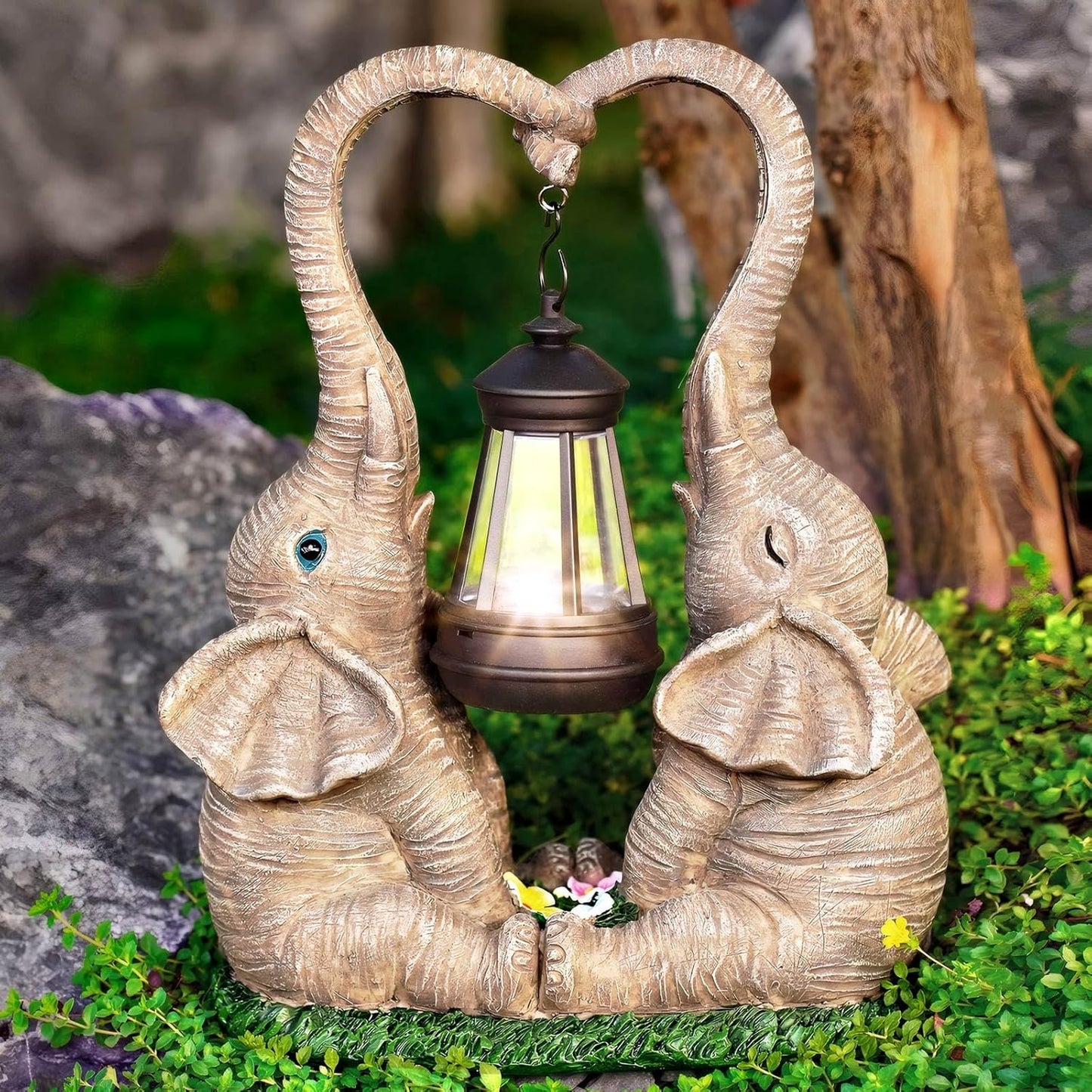 Elephant Statue Garden Decor with LED Solar Lights-Set of 2 Good Luck Elephant Outdoor Statue Christmas Decorations for Yard Patio,Porch,Home -Mothers Day Gifts for Women, Mom, Grandma