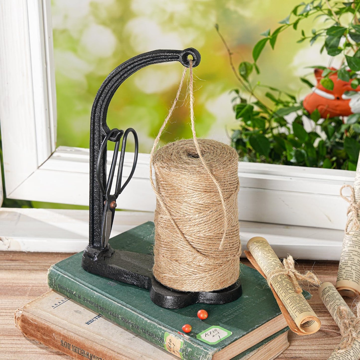 Sungmor Cast Iron Garden Twine Holder Set - 1300ft. Natural Jute Twine String & Rope Rack & Scissors - Decorative & Practical Home Arts Crafts Tools for Picture Display Gift Wrapping Packing Gardening