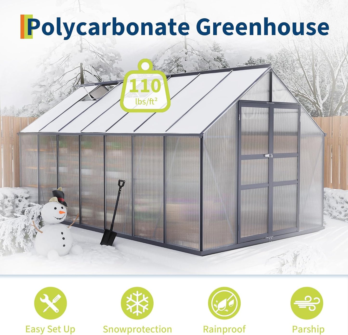 8×14FT Polycarbonate Greenhouse for Outdoors, Large Walk in Green House Kit and Winter Garden Planting, Enhanced Aluminum Green Houses for Outside to Protect Vegetables or Plants