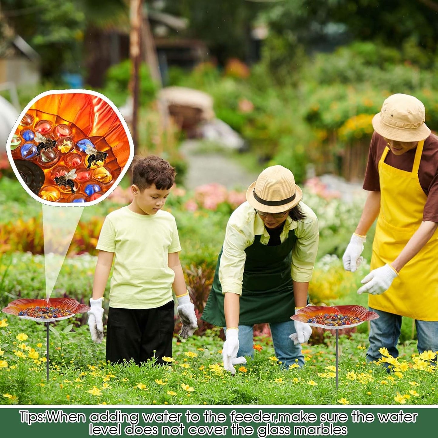 Tandefio Vivid Flower Bee Watering Station Metal Butterfly Water Feeder Cup with 30 Colorful Glass Marbles Bee Feeder Butterfly Bath Bowl for Garden Outdoor Yard Decors(Golden Brown,Flower)