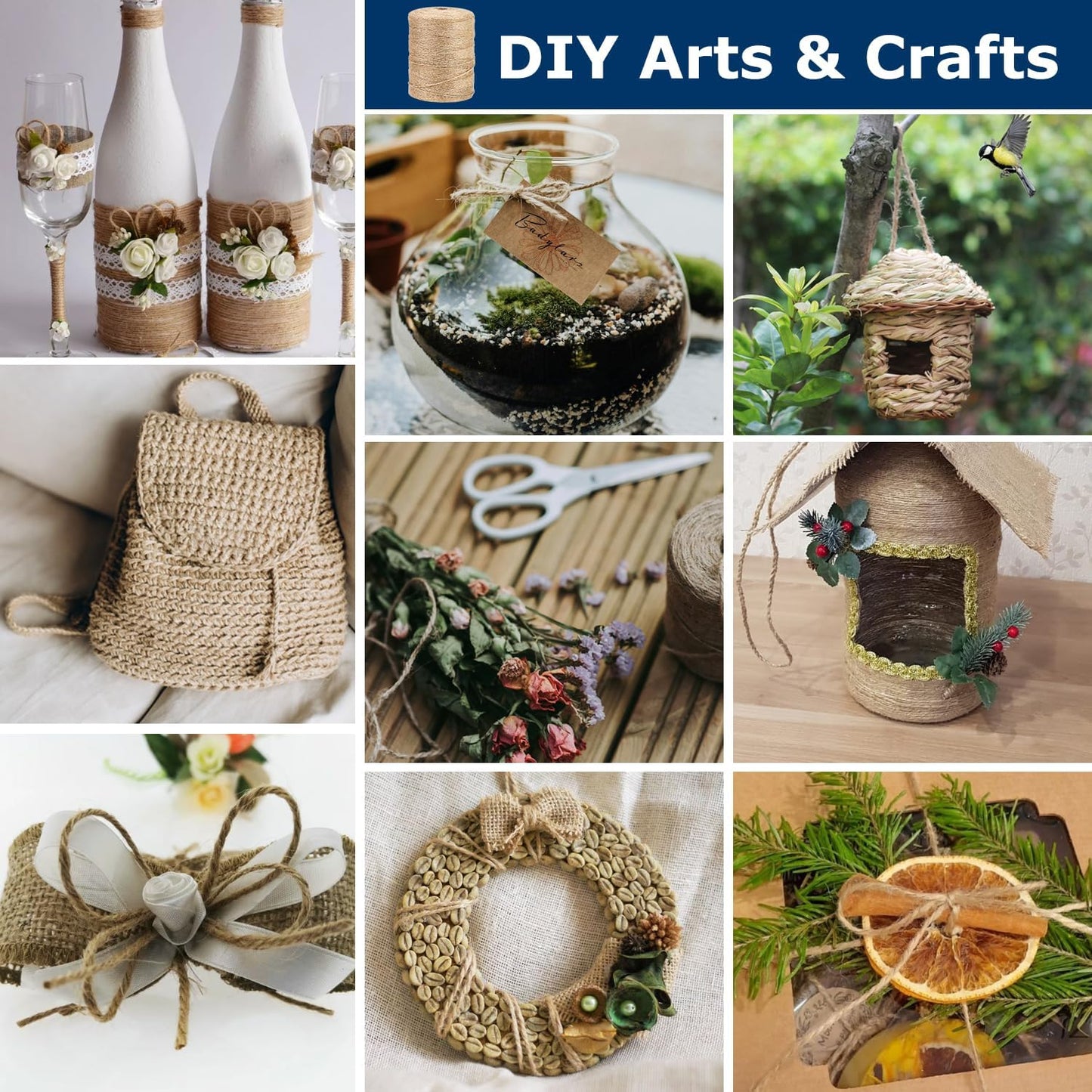 Vanhench 805FT Natural Jute Twine String, Bulk Hemp Jute Rope Cord Twine for Crafts Gardening, Gift Wrapping, Wedding Décor, Packing Material Burlap Ribbon, Christmas Knitting Macrame Decoration