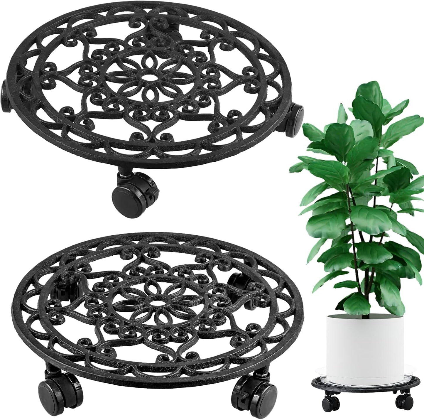 2 Packs Rolling Plant Stand with Wheels Metal Plant Caddy with Wheels Heavy Duty 13'' Round Plant Stand Indoor Iron Plants Rollers for Plants, Plant Dolly with Plant Saucers