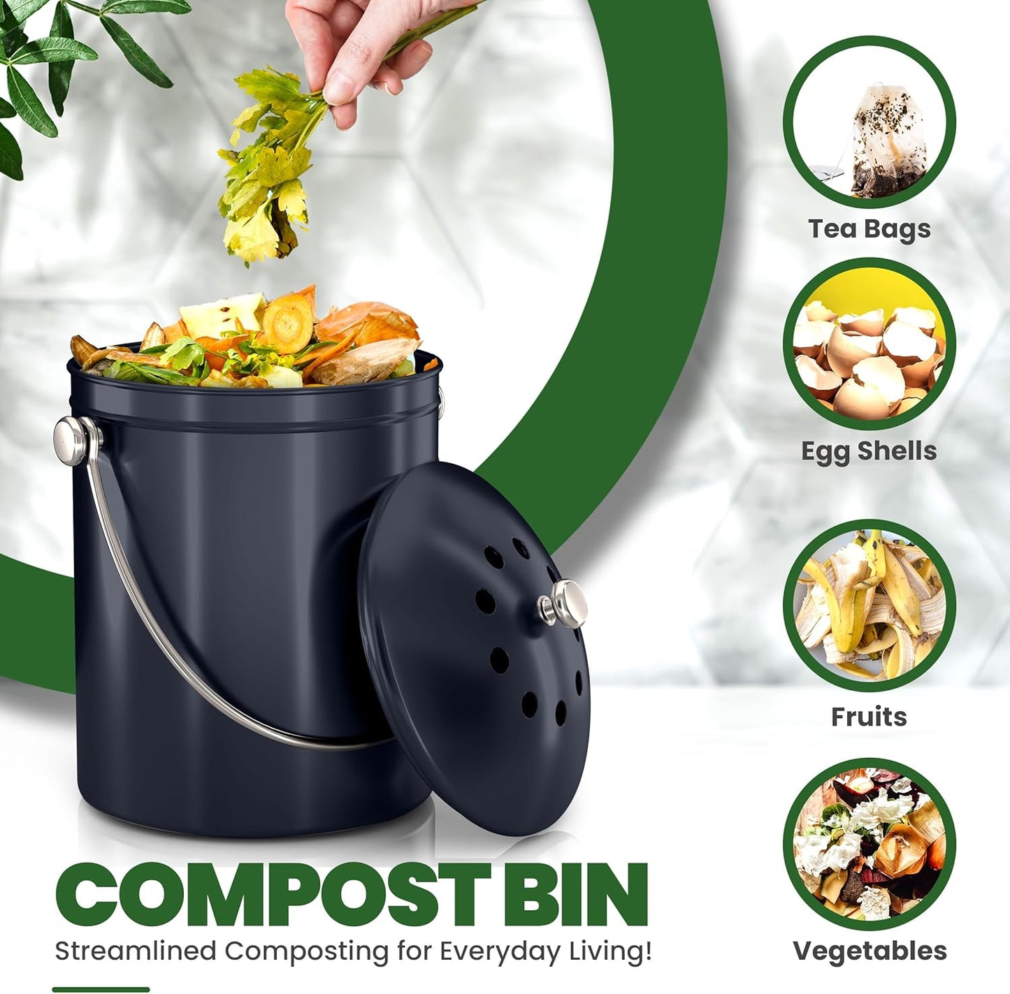 Utopia Kitchen Compost Bin for Kitchen Countertop, 1.3 Gallon Compost Bucket for Kitchen with Lid, Includes 1 Spare Charcoal Filter (Dark Purple)