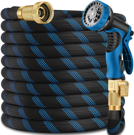 50ft Garden Hose - Water Hoses w/10 Function Spray Nozzle, 2025 New Superior Strength Flexible Hose, 3/4" Brass Connectors- Leakproof Lightweight Water Pipe for Gardening(Blue Black)