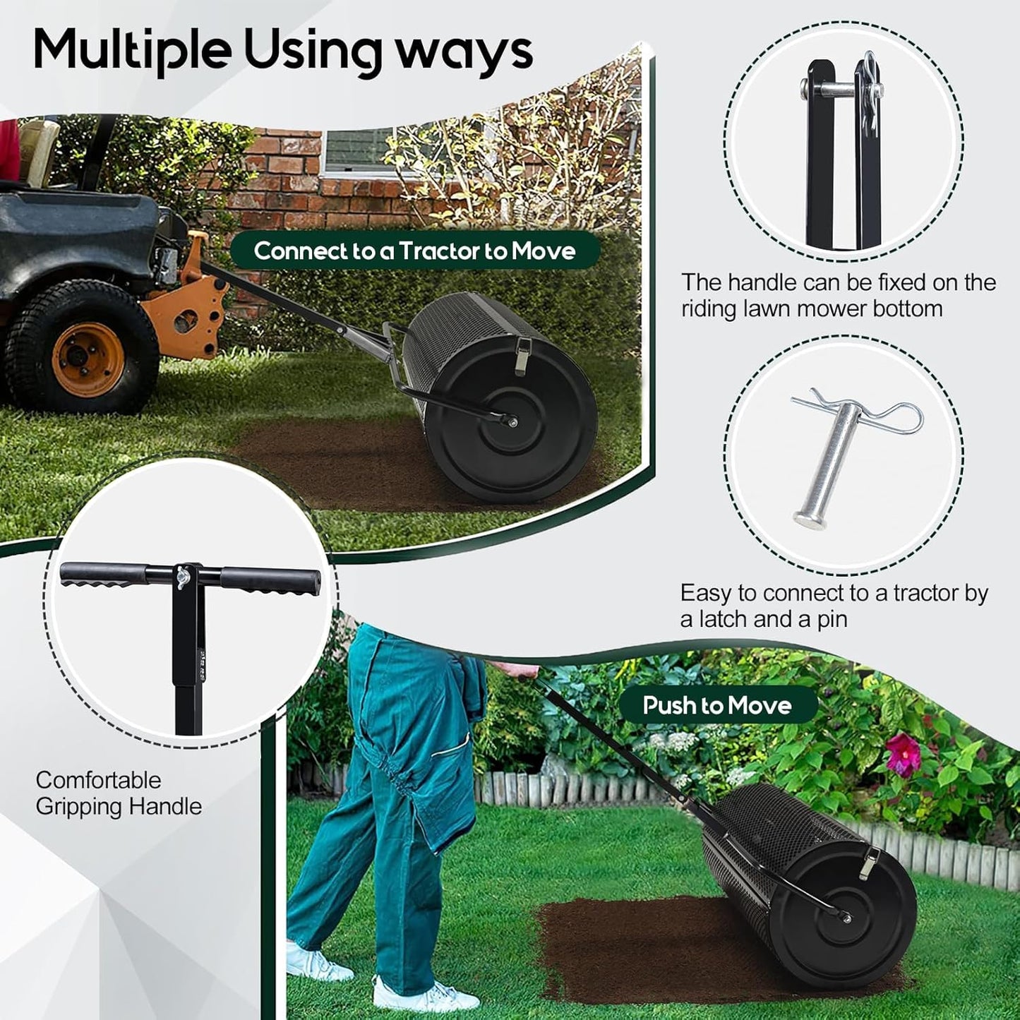 Compost and Peat Moss Spreader with Updated 2 in 1 ATV & T Shaped Handle, 16”WX48”L, Lawn and Garden Peat Moss Roller w/Laser Cutting Wire Mesh Baskets for Spreading Manure, Topsoil