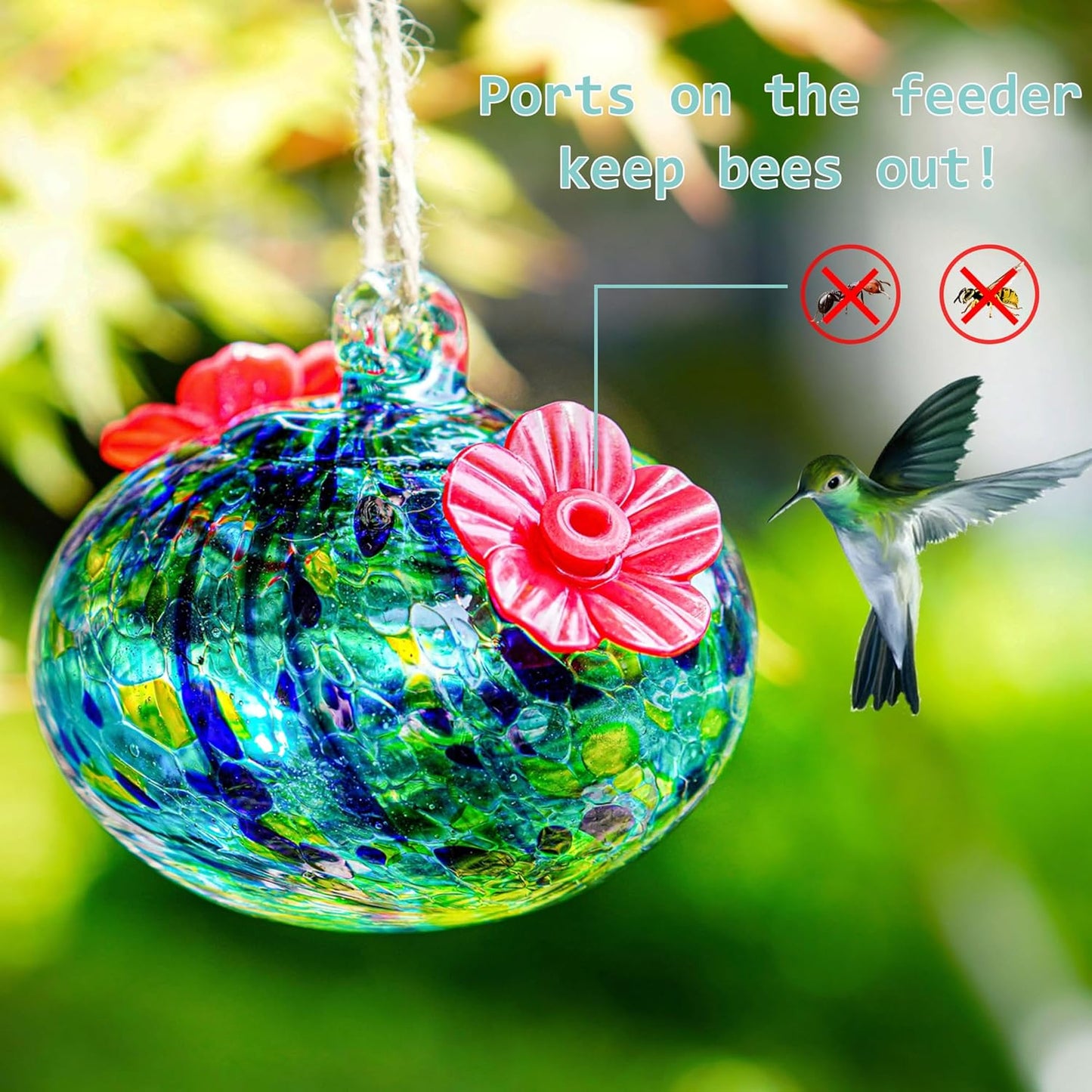 3.3OZ Glass Hummingbird Feeder with 2 Feeding Ports Blown Glass Hummingbird Feeder for Outdoors Hanging Garden Patio Decoration Uniques Gifts for Women