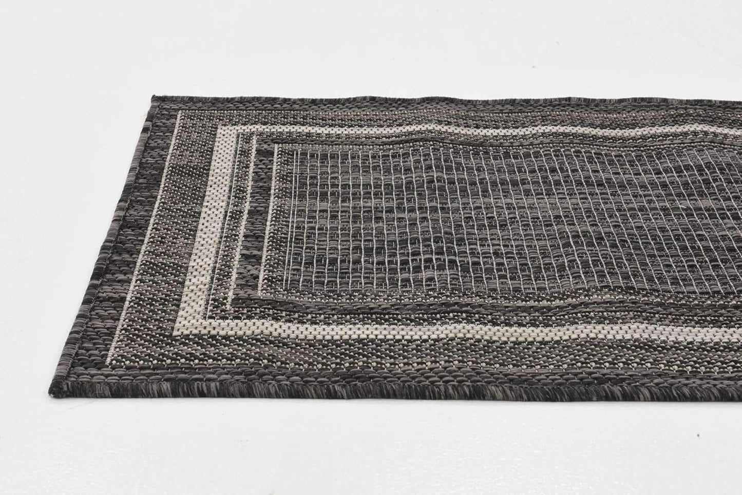 Unique Loom Outdoor Border Collection Area Rug - Soft Border (2' x 6' 1" Runner, Black/ Ivory)