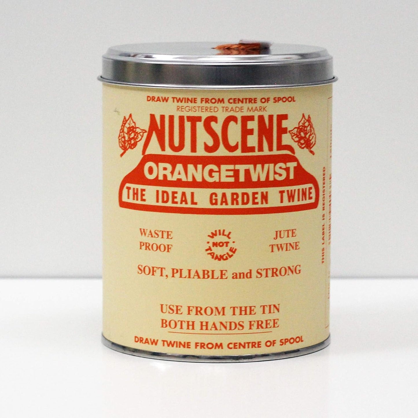 NUTSCENE Iconic Tin (Tin ‘O’ Twine) with Their Heritage Scottish Jute Twine and Hole in Top for Easy Dispensing. 14 Colors to Choose from. 164 Yards. (Orange)