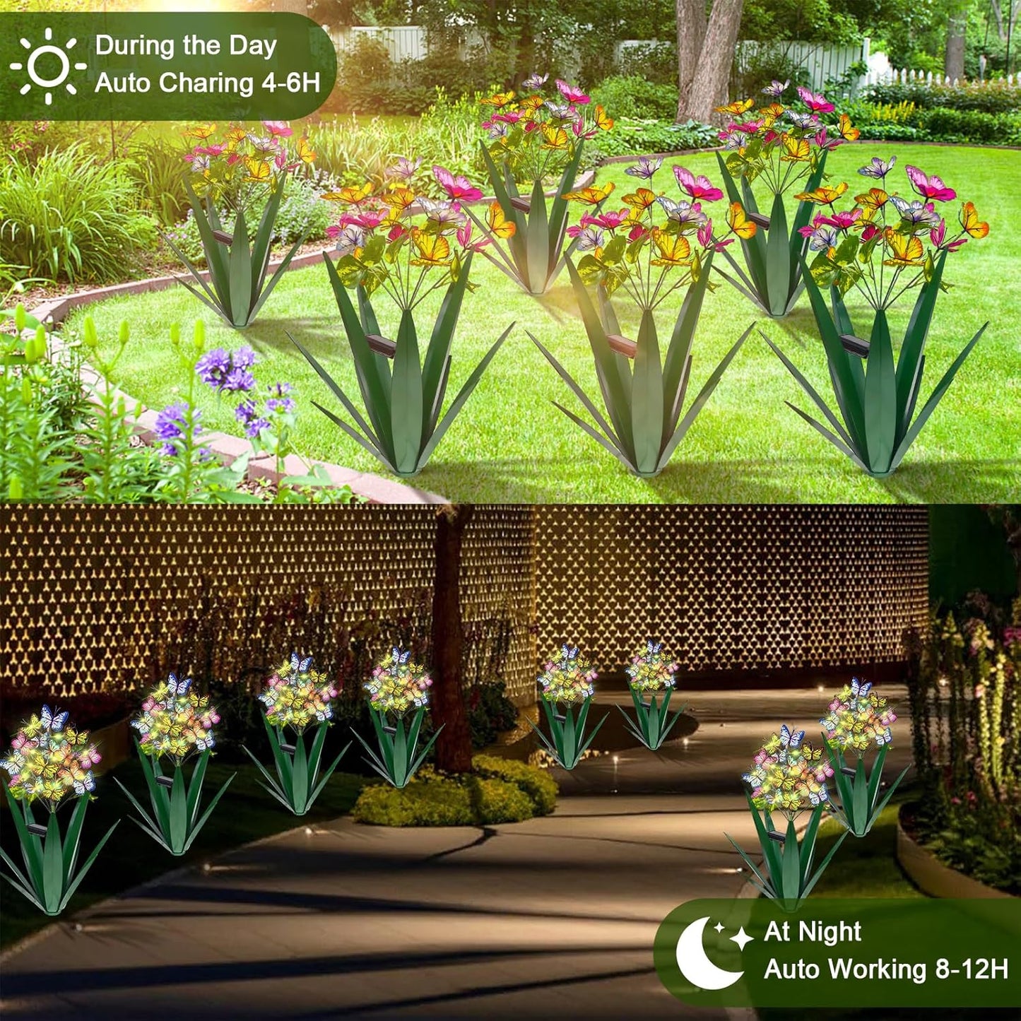 Homight Solar Metal Agave Butterfly Flower Stick Garden Sculpture - Outdoor Gift, Christmas Lights, Swaying Butterfly Sunflower Lights - Solar Outdoor (2 pcs Green)