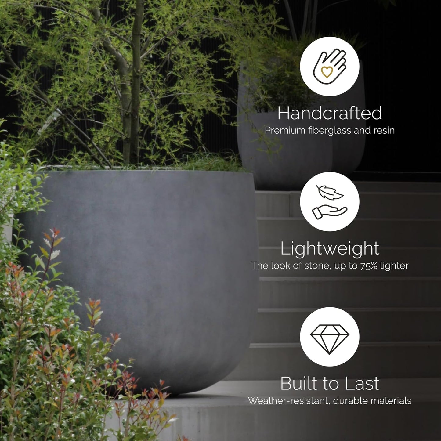 Mondo Large Planter – Concrete Stone Finish – Fiberglass Indoor/Outdoor and Weather-Resistant Round Planter (19.7" D x 19.1" H Exterior, 18.5" D x 18.5" H Interior)