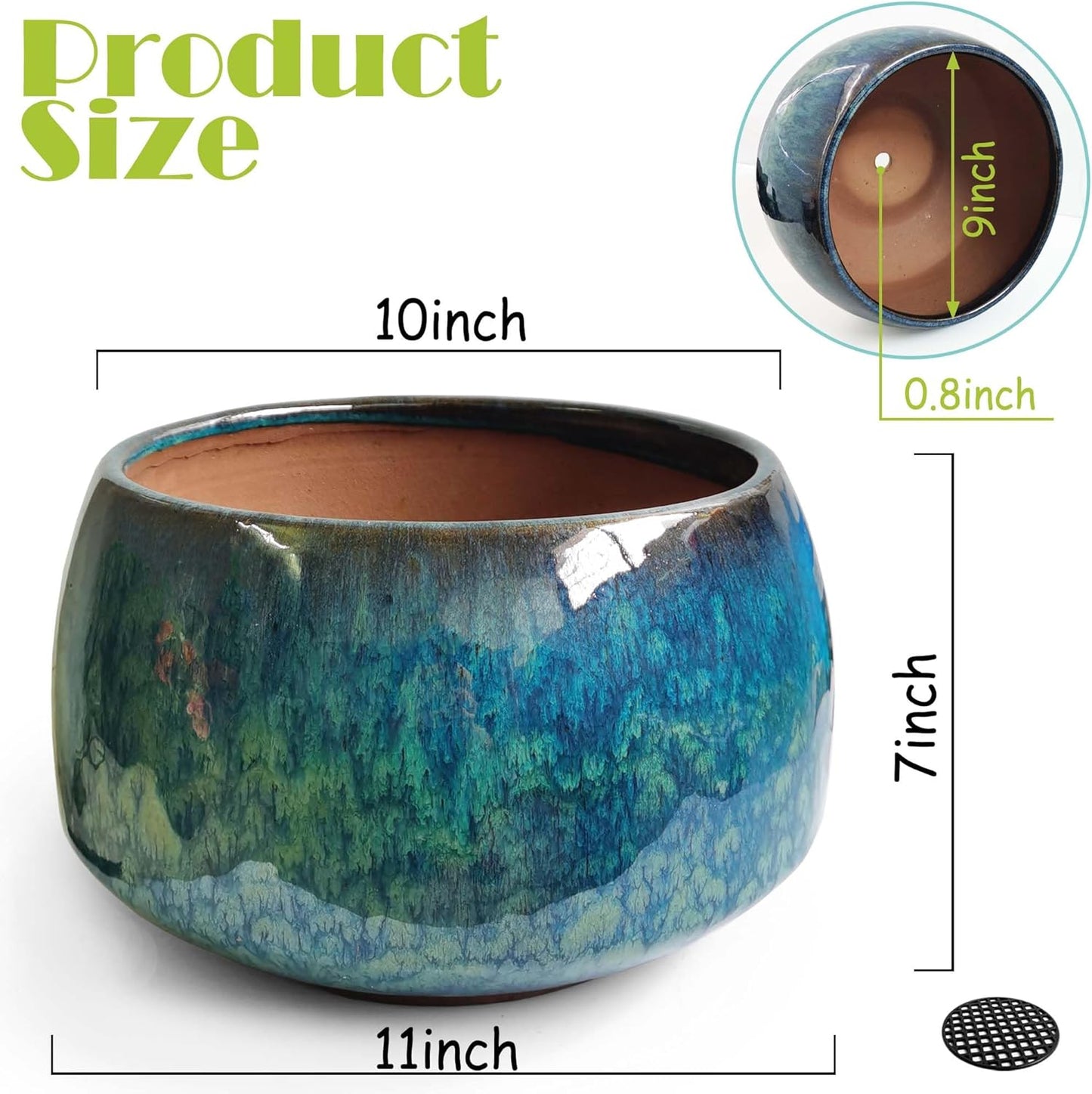 Reactive Glaze Peacock Color 11" Ceramic Plant Pot, Large Blue Green Planter Artisan Flower Pot with Drainage Hole, Breathable Planter for Indoor Outdoor Plants