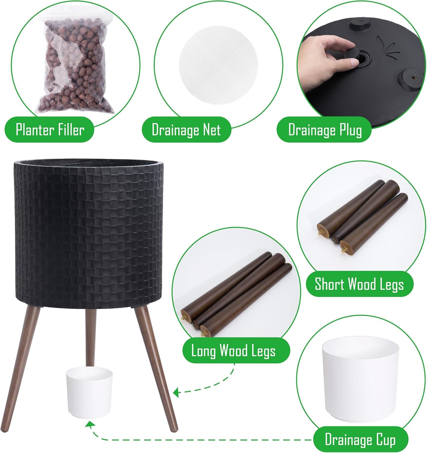 D'vine Dev 16 Inch Modern Geometric Tile Patterned Sleek Planter Pot with Stand, Indoor Outdoor Decorative Plant Holder, Matte Black, 88-Z-E-2