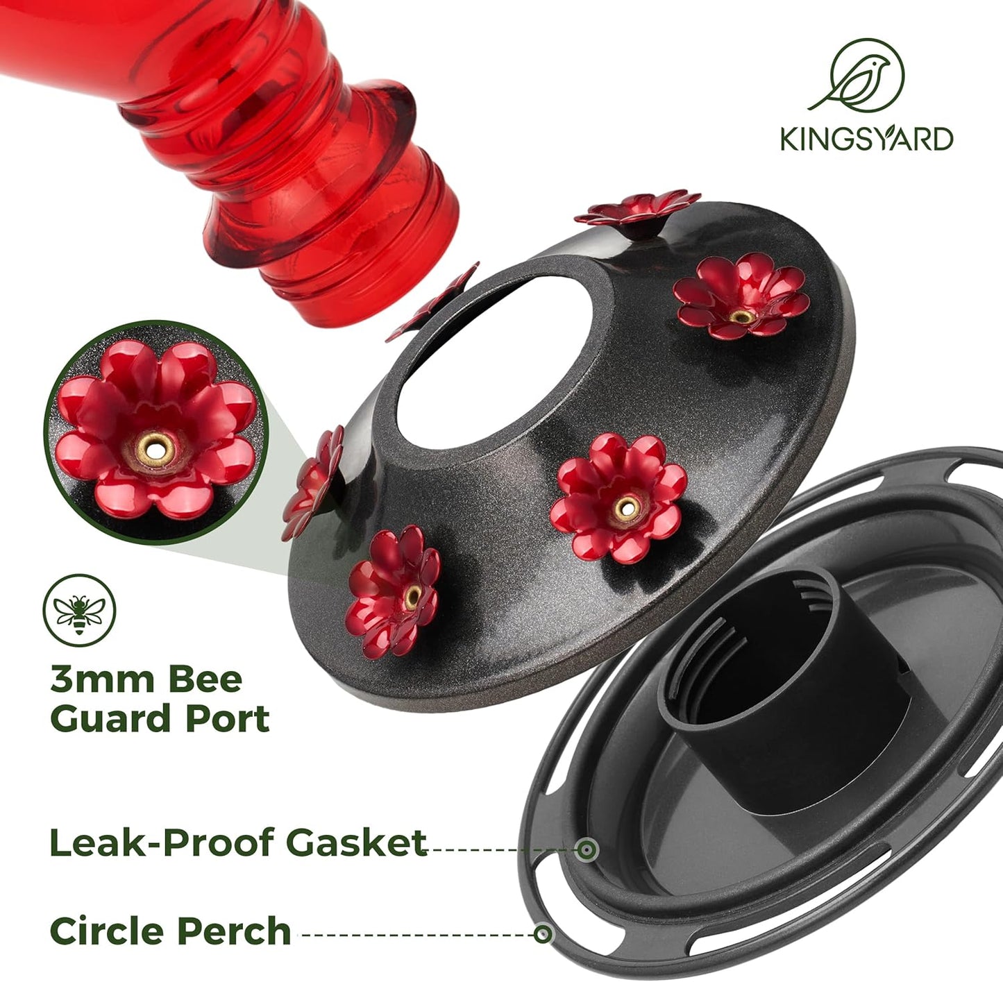 Kingsyard Glass Hummingbird Feeder - 6 Bee Guard Feeding Ports & Ant Moat, 24 oz Leak Proof, Wild Bird Feeder for Outdoors Hanging, Easy to Clean & Refill, Garden Yard Décor, Red & Pink