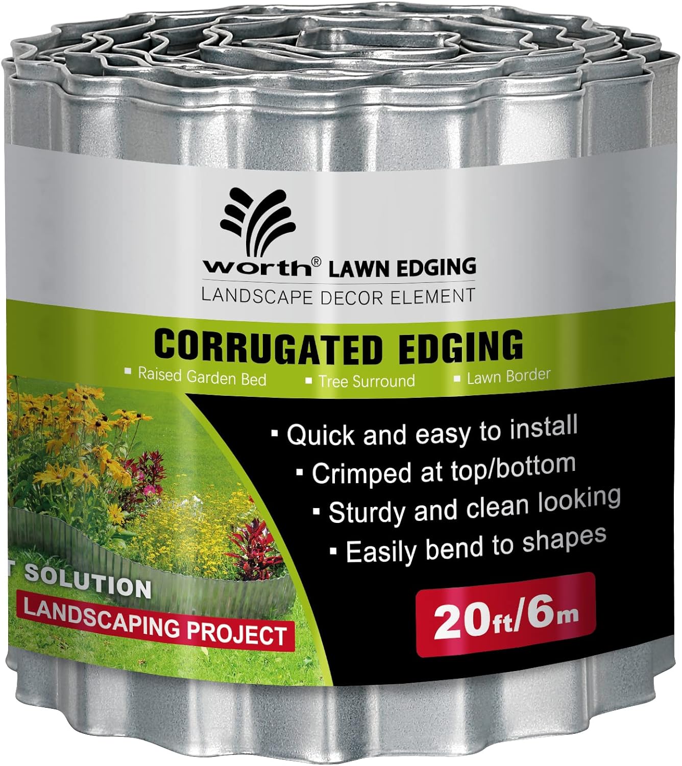 Worth Wide-Corrugated Galvanized Steel Landscape Edging, 6" x 20Ft Flexible Sturdy Lawn Garden Metal Edging Long Strips for Raised Flower Bed Tree Surrounds,Silver