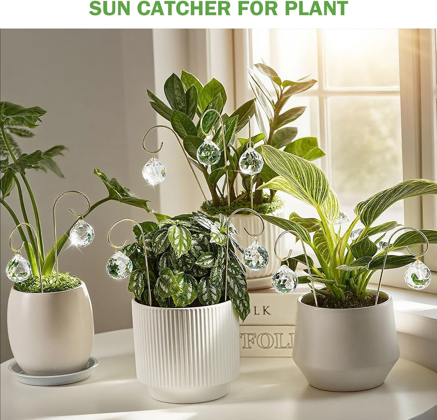 HDCRYSTALGIFTS 9pcs 30mm Crystal Ball Prism Suncatchers with 7.5'' Gold Plant Pot Trellis for Miniature Garden and Potted Plant Decorations, Fairy Garden Sun Catchers for Indoor Plants Accessories