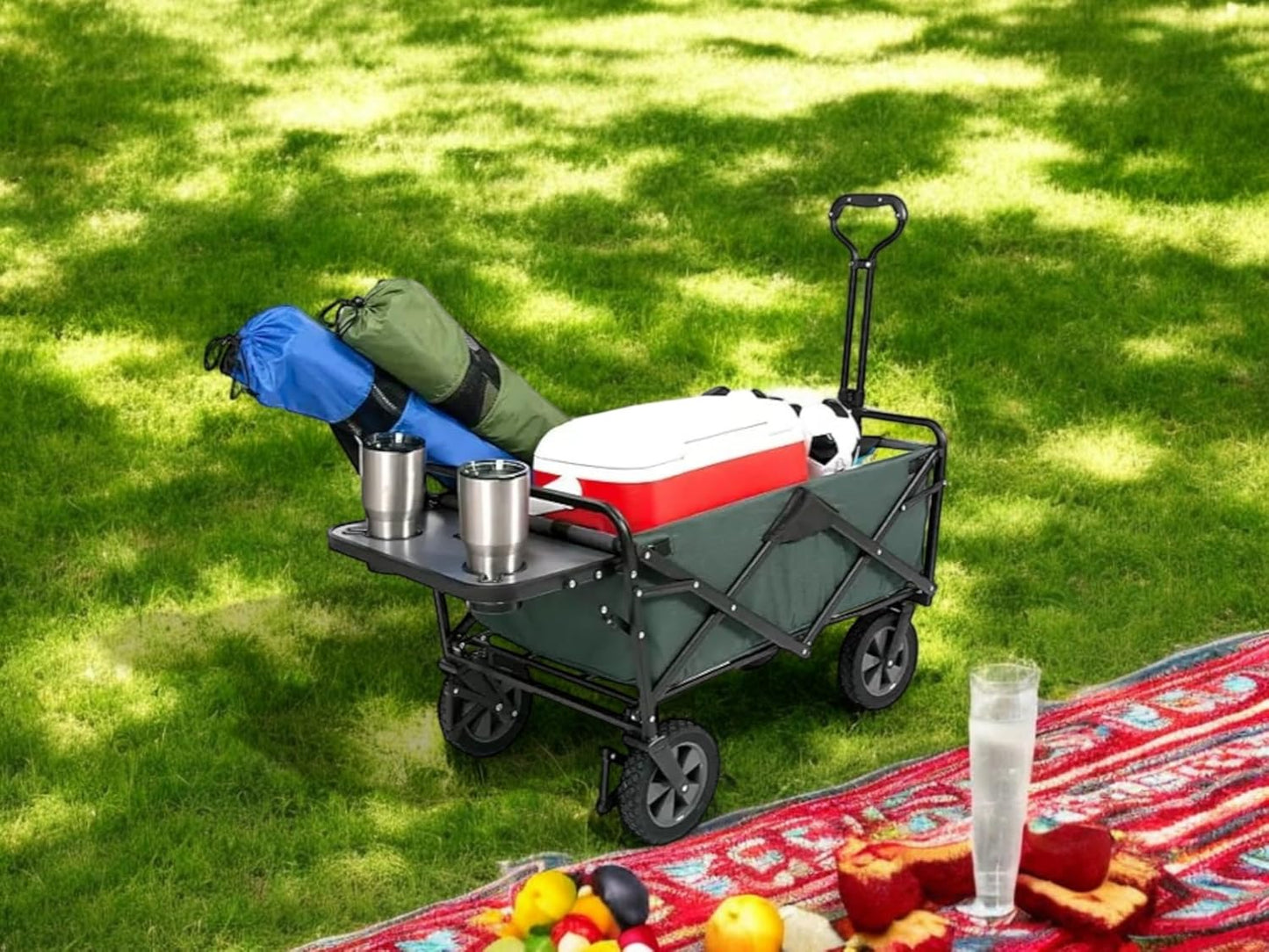 Heavy Duty Steel Frame Collapsible Folding Wagon with Table,150 Pound Capacity Outdoor Camping Garden Utility Wagon Yard Cart (Green, 2PACK)