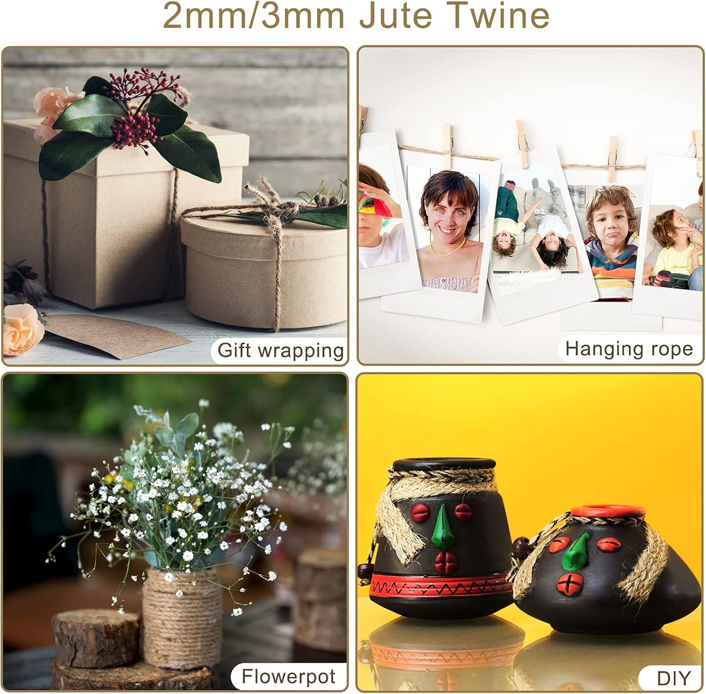 Natural Jute Twine Rope (1.5mm/2mm/3mm/6mm) Durable String for Handmde Crafts,Gardening Applications,Home Gardening,Cat Scratching Post,Gift Packaging... (2mm*328ft)