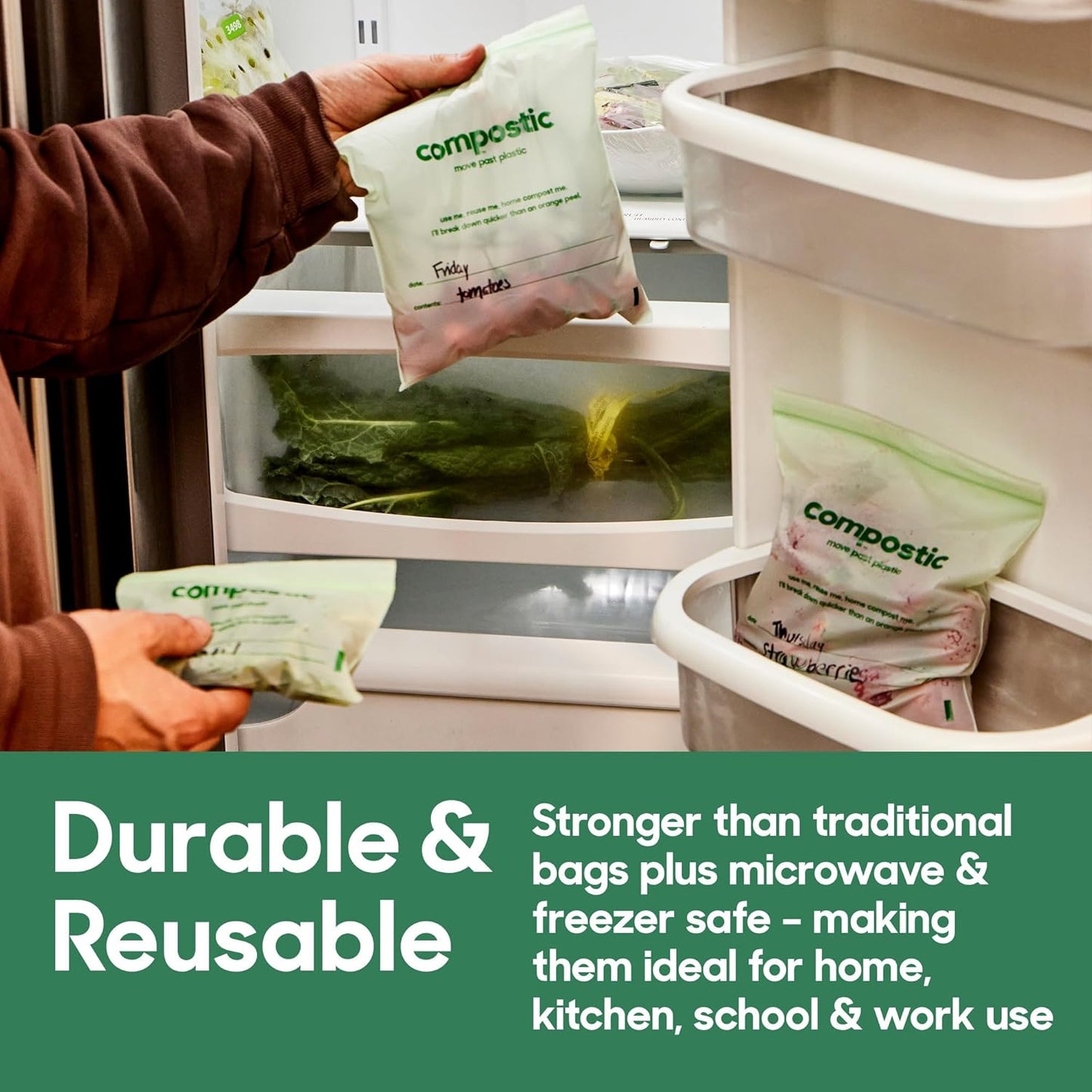 Home Compostable Resealable Sandwich Bags (7"x7"), Microwave & Freezer Safe, Organic Food Storage Container, 30 Count (Pack of 2)