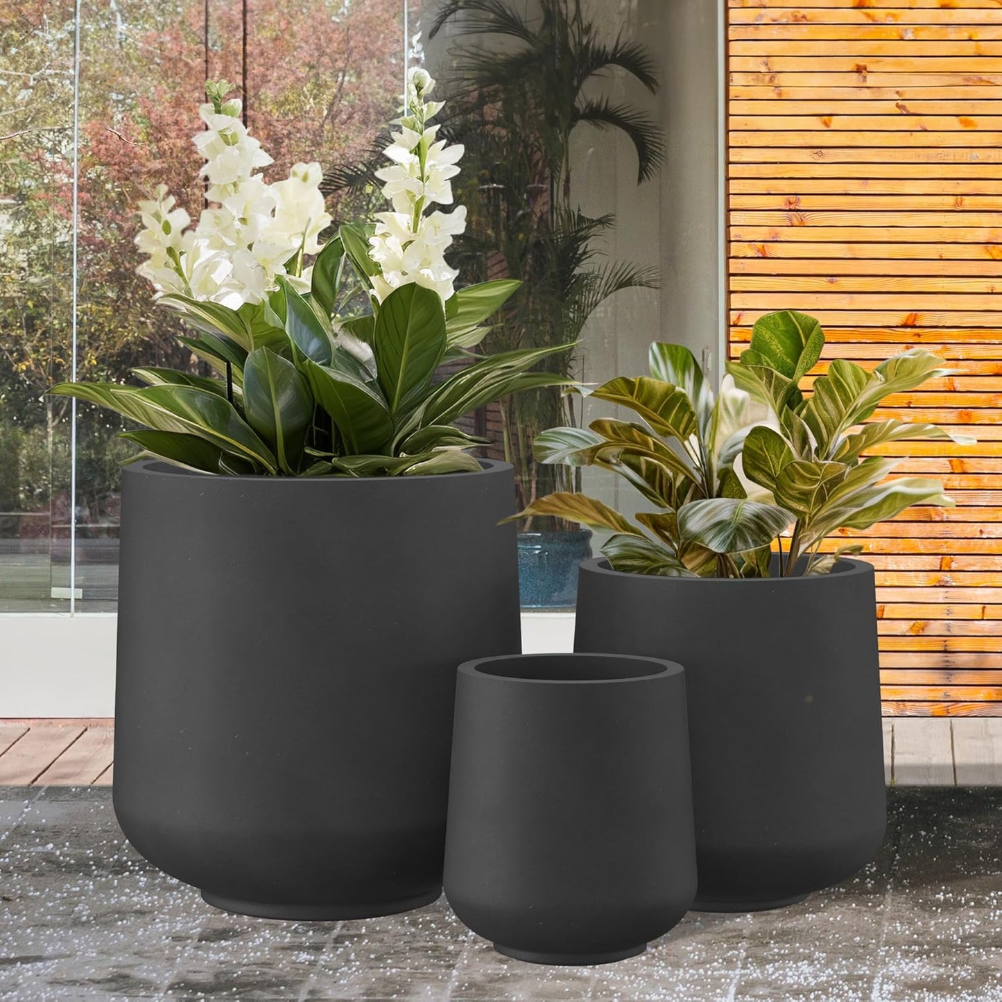 Kante 15.3"+11.6"+8.2" Dia Round Concrete Planter, Large Outdoor Indoor Planter Pots Containers with Drainage Holes and Rubber Plug for Home Garden Patio, Black